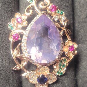 Rose Gold Lavender Quartz and Sapphire Floral Pendant